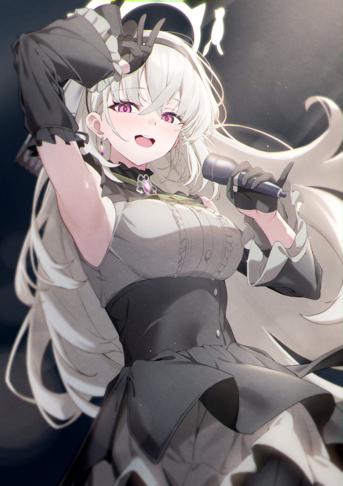 1girl, armpits, black_gloves, black_hat, blue_archive, breasts, commentary_request, crossed_bangs, detached_sleeves, earrings, gloves, grey_hair, hair_between_eyes, halo, hat, highres, holding, holding_microphone, idol_clothes, jewelry, kagari_liroi, long_hair, looking_at_viewer, microphone, mini_hat, mini_top_hat, official_alternate_costume, open_mouth, sakurako_(blue_archive), sakurako_(idol)_(blue_archive), solo, top_hat, violet_eyes, yellow_halo