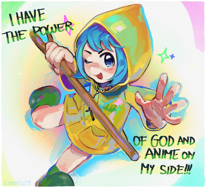 1girl, :d, artist_name, bead_necklace, beads, blue_background, blue_eyes, blue_hair, blush, boots, cane, commentary, cross, cross_necklace, dirty_footwear, dutch_angle, english_commentary, english_text, green_background, green_footwear, highres, holding, holding_cane, holding_stick, hood, hood_up, i_have_the_power_of_god_and_anime_on_my_side_(meme), ionettam, jewelry, jubilee_2025, latin_cross, long_sleeves, looking_at_viewer, luce_(jubilee_2025), meme, multicolored_background, necklace, nose_blush, olive_branch, one_eye_closed, open_mouth, outstretched_arm, paper_texture, pastel_colors, pink_background, raincoat, reaching, reaching_towards_viewer, rosary, rubber_boots, running, short_hair, signature, smile, solo, sparkle, stick, v-shaped_eyebrows, white_background, yellow_background, yellow_raincoat