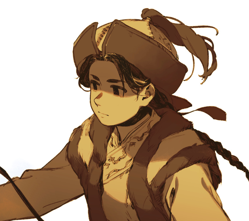 1girl, braid, deel, fur-trimmed_vest, fur_trim, hat, highres, long_hair