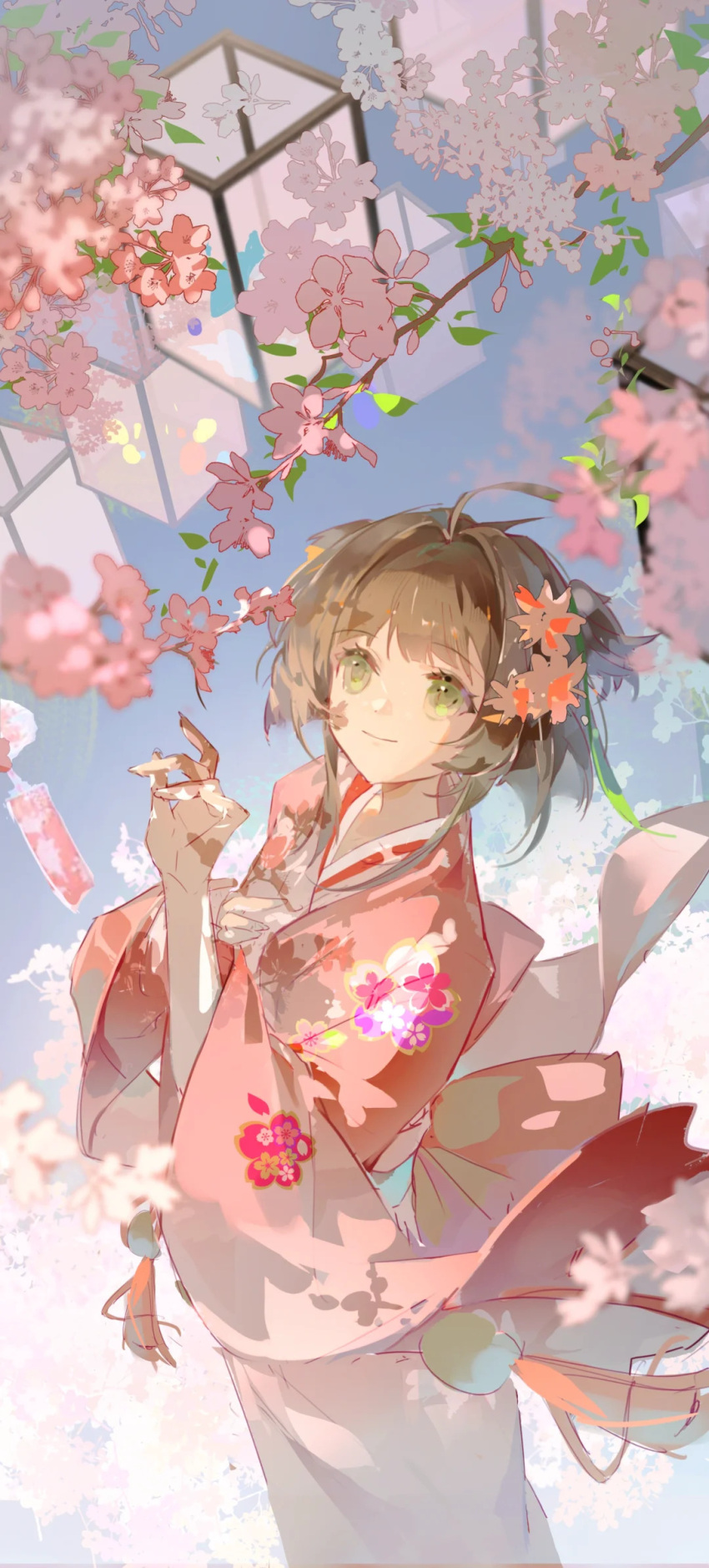 1girl, ahoge, alternate_costume, back_bow, bow, branch, brown_hair, bu_teng_lucky