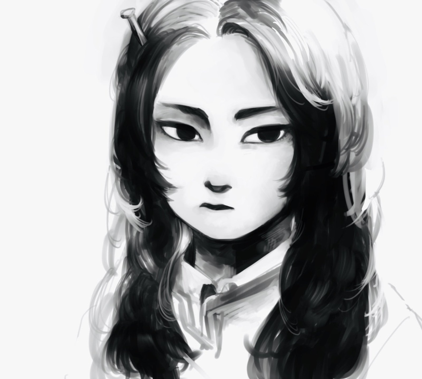 1girl, asian, greyscale, highres, inner_mongolia_(nanimonothing), long_hair, looking_to_the_side, mongolian_clothes, monochrome, nail_(hardware), nanimonothing, narrowed_eyes, nose, original, portrait, solo, wavy_hair