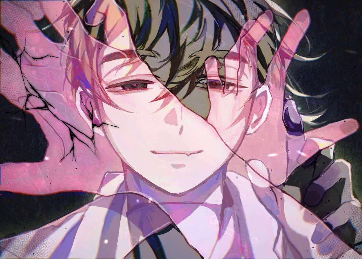 1boy, alien_stage, black_eyes, black_hair, closed_mouth, commentary, english_commentary, fang, hair_between_eyes, half-closed_eyes, hand_focus, ivan_(alien_stage), light_smile, male_focus, portrait, red_pupils, short_hair, very_short_hair, yezi0331