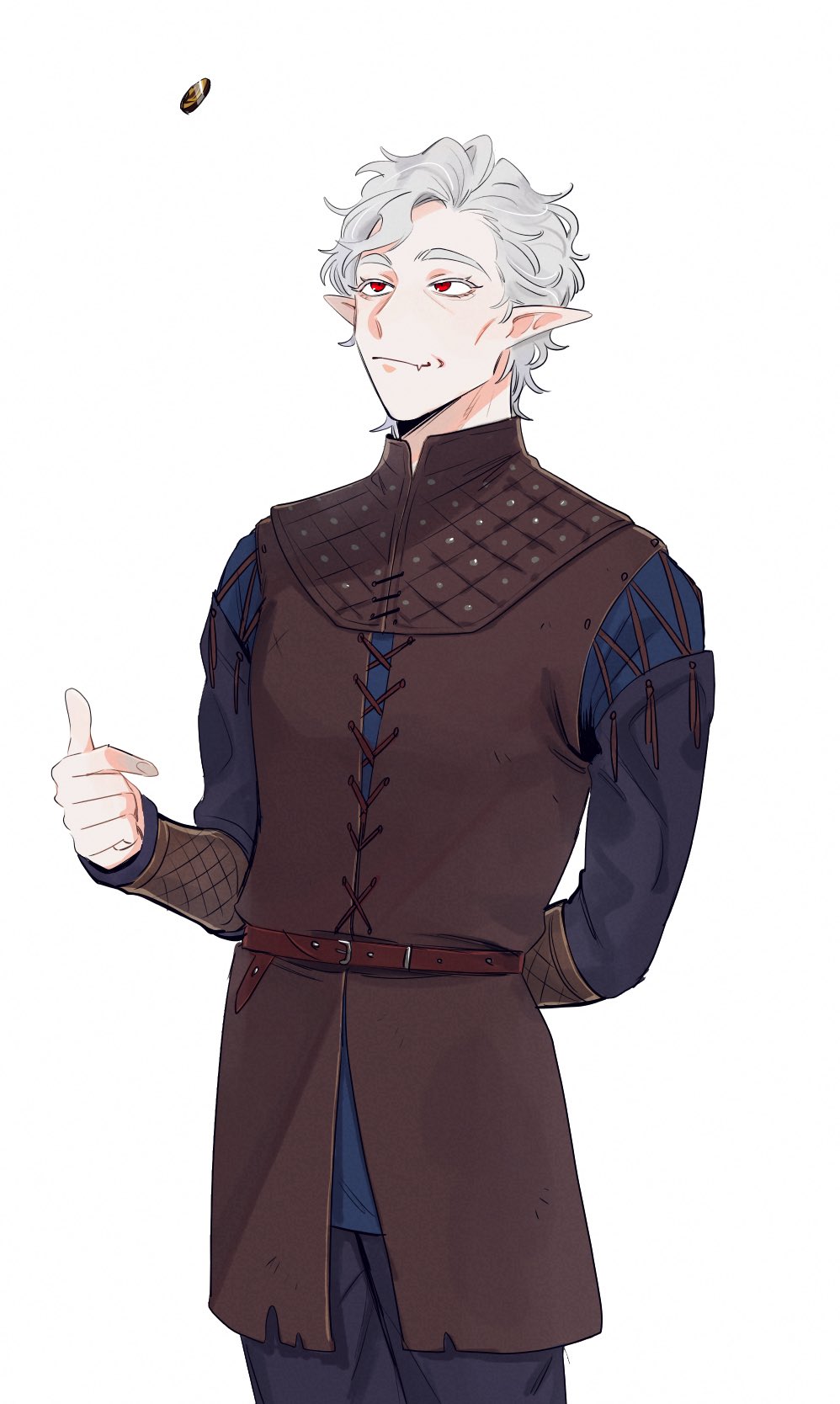 1boy, arm_behind_back, astarion, baldur's_gate, baldur's_gate_3, belt, black_pants, bracer
