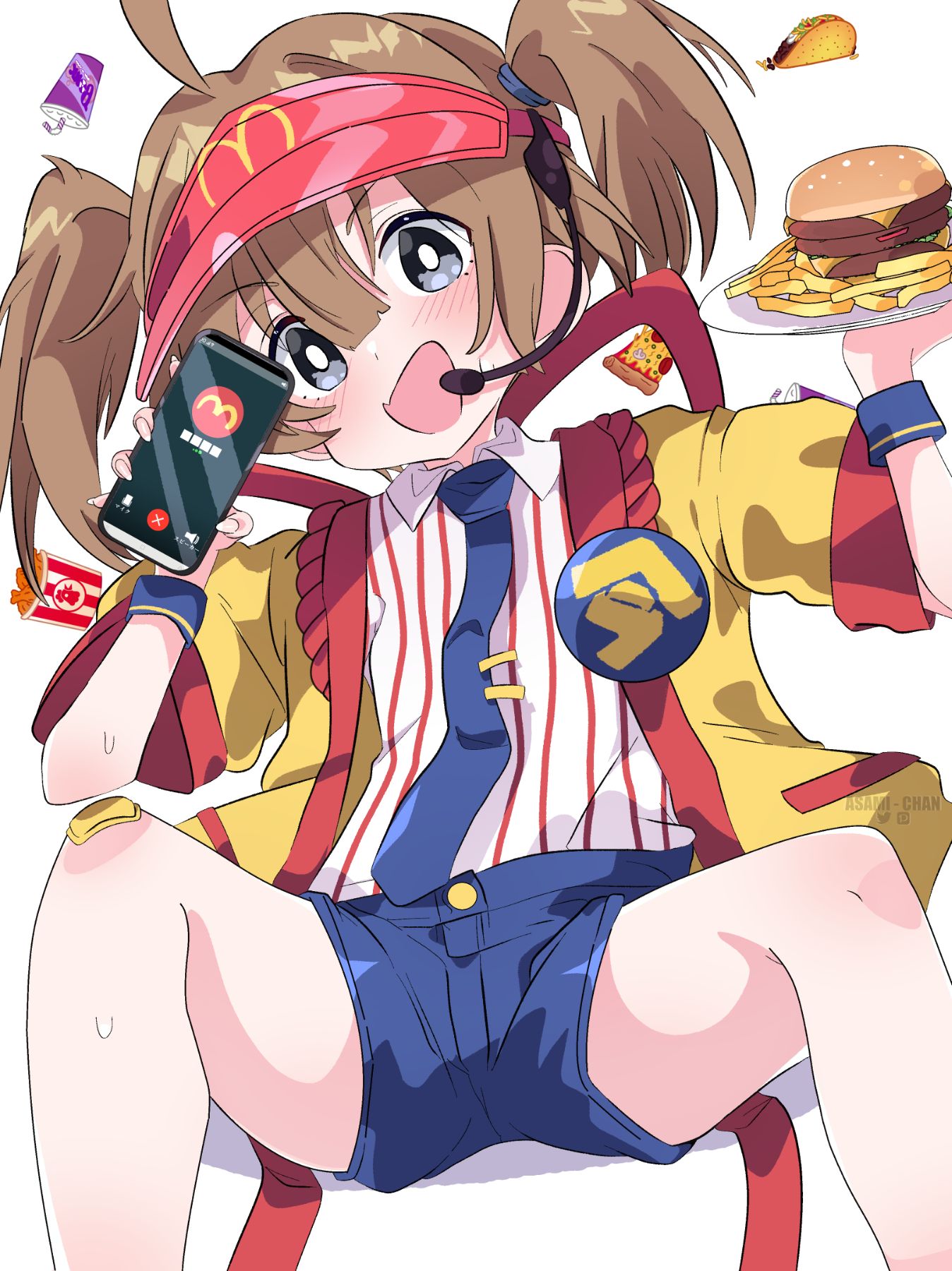 1girl, :d, ahoge, artist_name, asami-chan, blue_necktie, blue_shorts, blush