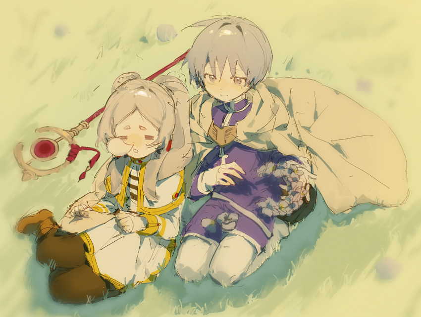 1boy, 1girl, =_=, belt, black_footwear, black_pantyhose, blue_coat, blue_flower
