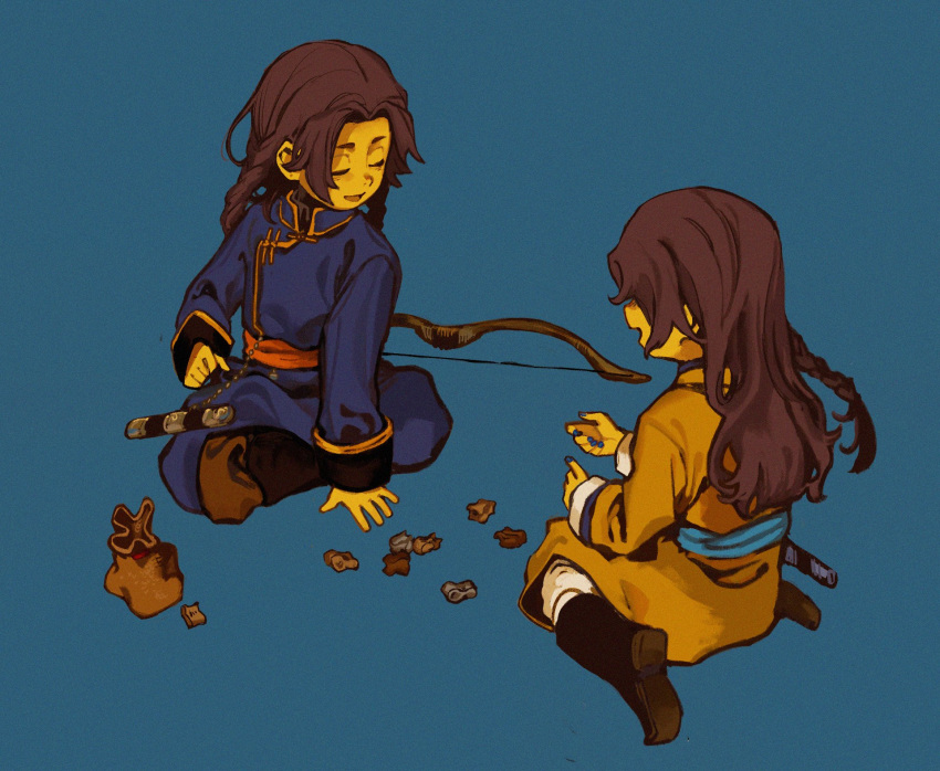 2girls, aqua_background, blue_dress, boots, braid, brown_hair, colored_skin, deel