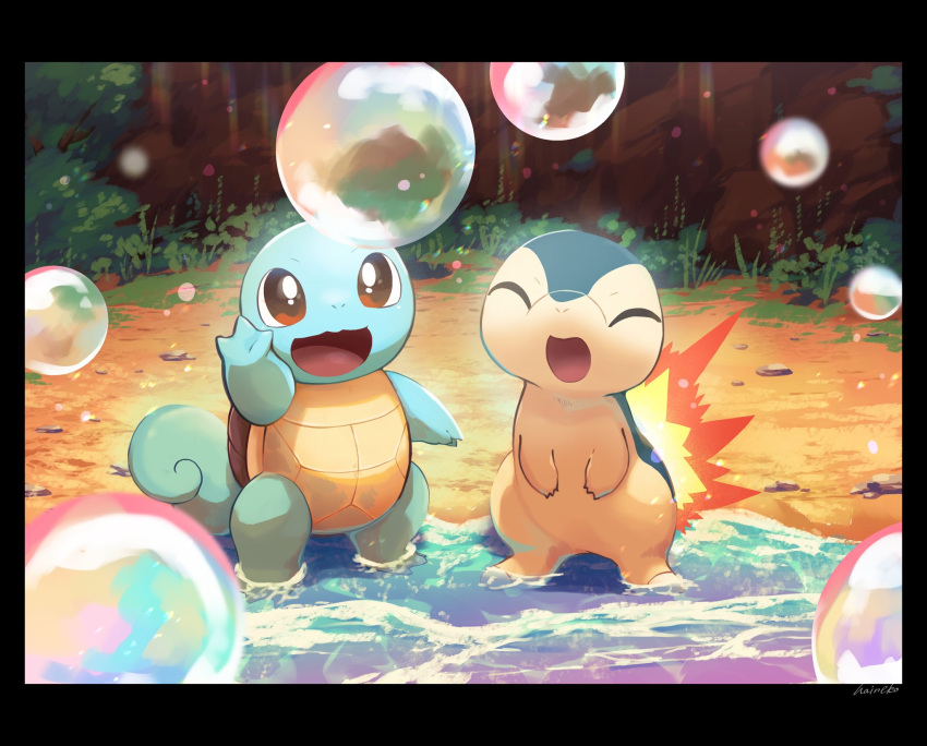 blue_skin, brown_eyes, closed_eyes, colored_skin, cyndaquil, fire, full_body, grass