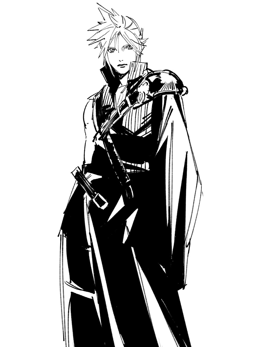 1boy, 9t4um0fpin35758, armor, belt, belt_buckle, buckle, chest_belt, closed_mouth, cloud_strife, collared_shirt, final_fantasy, final_fantasy_vii, final_fantasy_vii_advent_children, greyscale, high_collar, highres, long_sleeves, looking_at_viewer, male_focus, monochrome, multiple_belts, pants, pauldrons, shirt, shoulder_armor, simple_background, single_bare_shoulder, single_pauldron, solo, spiky_hair, white_background