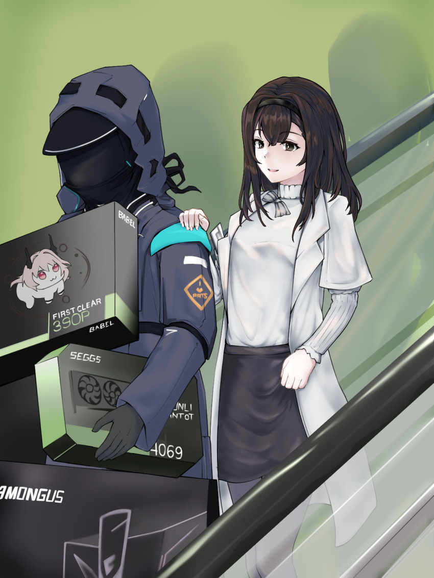 1girl, 1other, 3_iq_tuna, :3, arknights, black_hairband, black_jacket, black_skirt