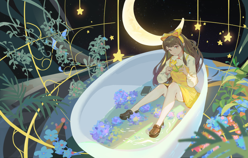 1girl, absurdres, bathtub, blue_flower, bow, brown_eyes, brown_footwear, brown_hair