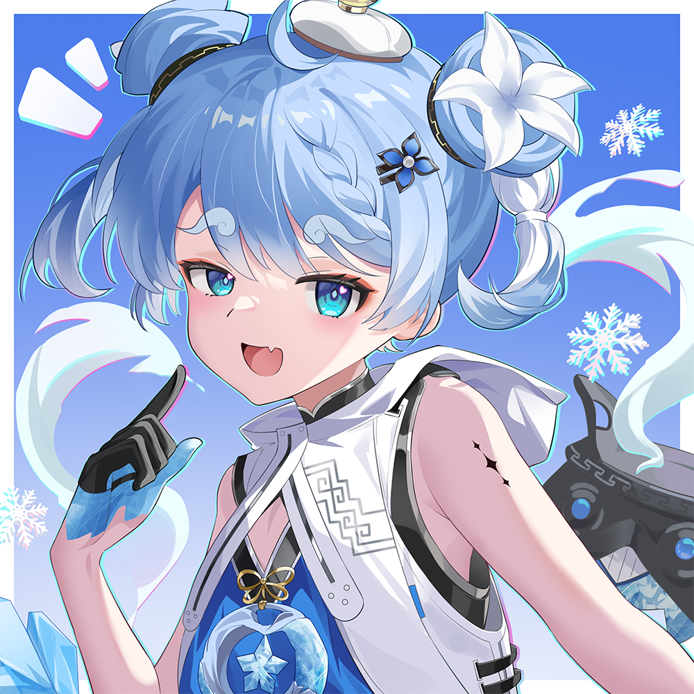 1girl, :d, ahoge, bare_shoulders, black_gloves, blue_eyes, blue_hair, double_bun, fang, flower, gloves, hair_bun, hair_flower, hair_ornament, laosi_j, looking_at_viewer, open_mouth, short_hair, sleeveless, smile, solo, twintails, wuthering_waves, youhu_(wuthering_waves)