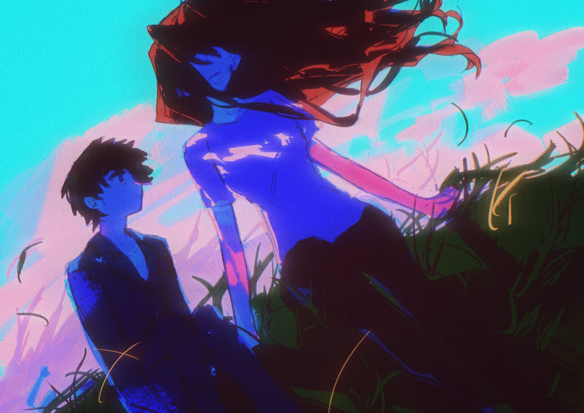 1boy, 1girl, aged_down, aozaki_aoko, black_hair, blue_pajamas, floating_hair, hair_intakes, hair_over_eyes, highres, long_hair, long_sleeves, looking_at_another, on_grass, pajamas, redhead, shiqian_(kadkykhbvk), shirt, short_hair, sitting, smile, tohno_shiki, tsukihime, white_shirt