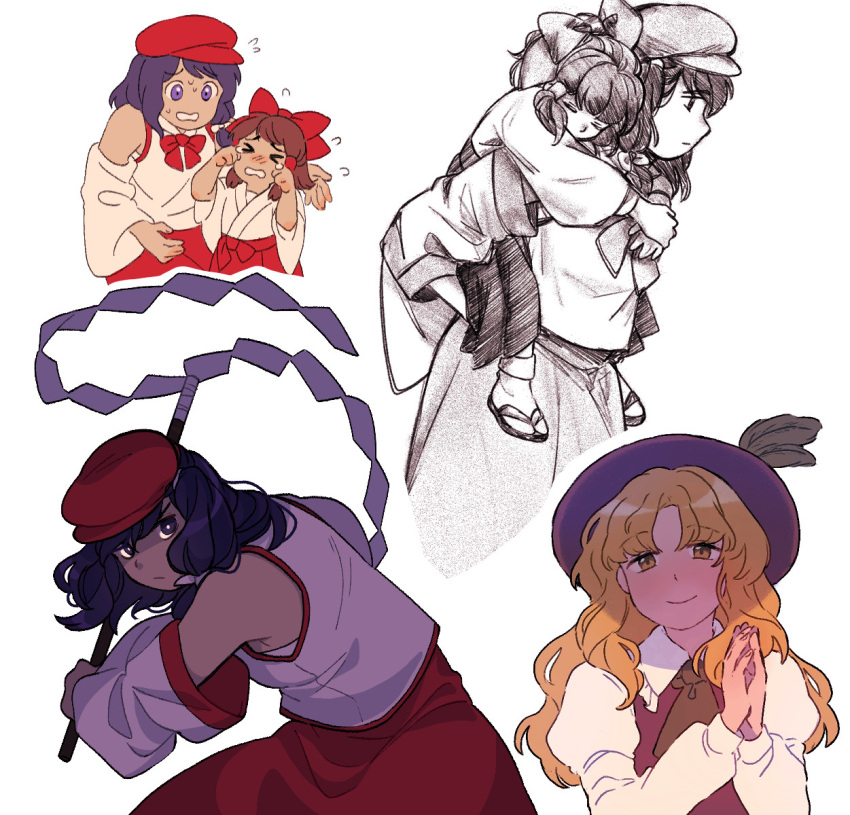 3girls, ascot, bare_shoulders, blonde_hair, bow, bowtie, brown_hat, brown_vest