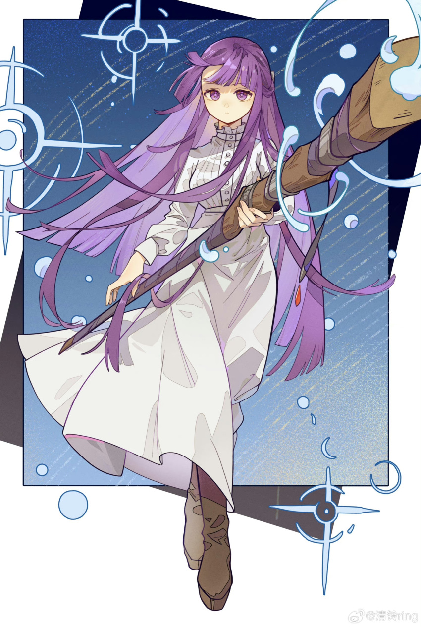 1girl, absurdres, blue_background, blunt_bangs, blunt_ends, boots, border, brown_footwear, buttons, chinese_commentary, closed_mouth, collared_shirt, commentary_request, crossed_ankles, dress_shirt, expressionless, eyelashes, fern_(sousou_no_frieren), fingernails, floating_clothes, floating_hair, frilled_shirt_collar, frills, full_body, high_collar, highres, holding, holding_staff, huohuli548, long_hair, long_sleeves, looking_at_viewer, outside_border, pleated_skirt, purple_hair, purple_pupils, shirt, sidelocks, skirt, solo, sousou_no_frieren, sparkle, staff, standing, straight_hair, very_long_hair, violet_eyes, water_drop, weibo_watermark, white_border, white_shirt, white_skirt