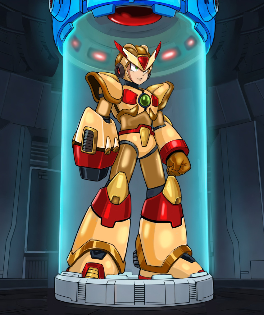 1boy, android, arm_cannon, armor, dauntedx, full_body, gold_armor, gold_helmet