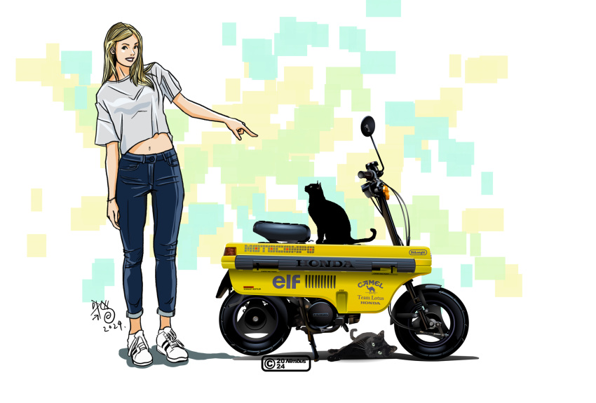 1girl, 2024, artist_collaboration, black_cat, black_eyes, blonde_hair, blue_pants, cable, cat, grey_background, highres, honda, honda_motocompo, leaning_to_the_side, looking_at_viewer, masahiro_furuya, midriff_peek, motor_vehicle, navel, nimbus_goldbrum, original, pants, parted_lips, pointing, scooter, shadow, shoes, smile, sneakers, solo, vehicle_focus, white_footwear