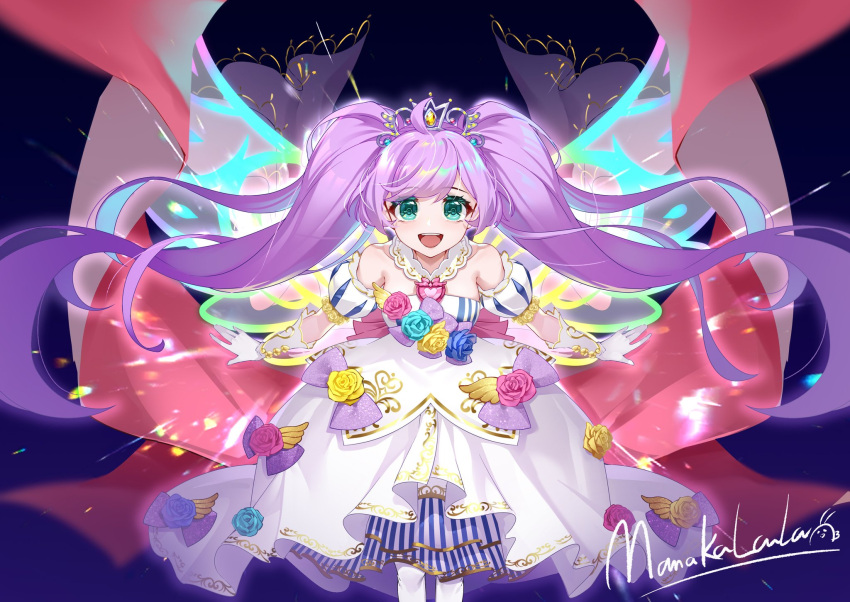 1girl, :d, a-pose, aqua_flower, aqua_rose, ayako_(xiaqiu), bare_shoulders, blue_flower