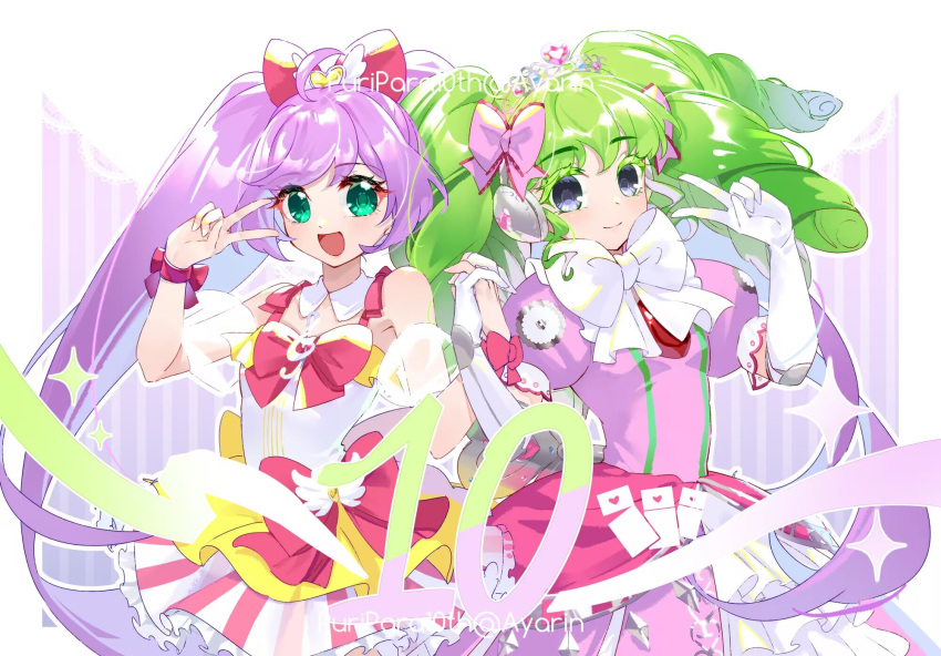 2girls, :d, ahoge, ayako_(xiaqiu), bare_arms, bare_shoulders, bow, colored_eyelashes