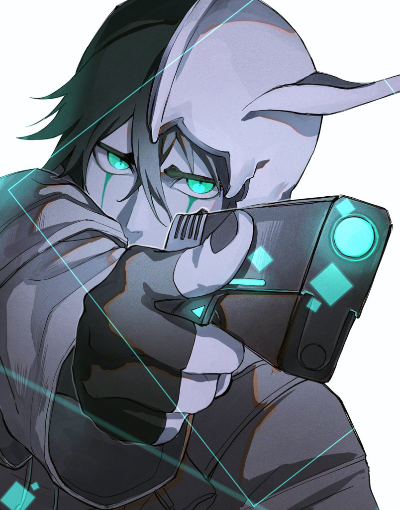 1boy, aiming, arrancar, black_gloves, black_hair, black_nails, bleach, bleach:_brave_souls