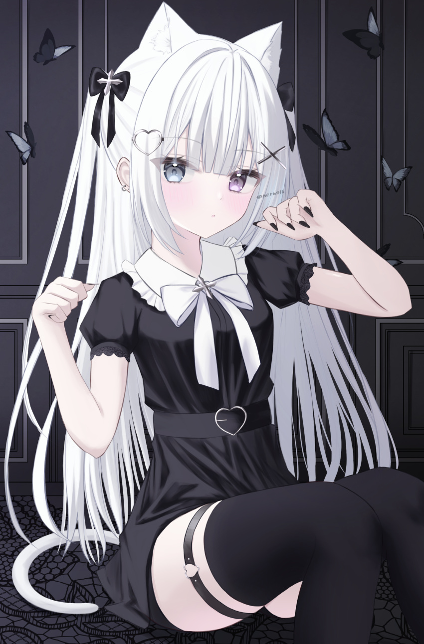 1girl, animal_ears, black_dress, black_nails, black_ribbon, black_thighhighs, cat_ears, cat_girl