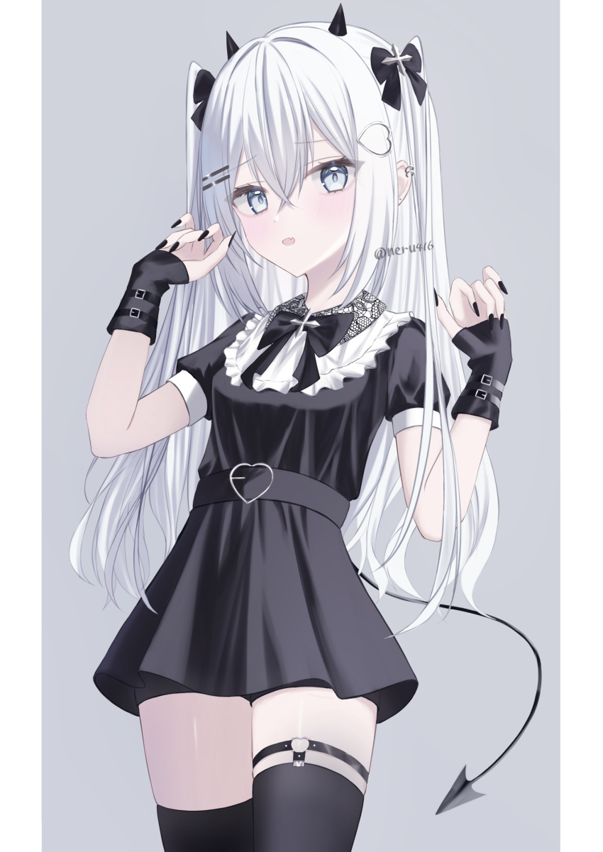 1girl, black_dress, black_nails, black_ribbon, black_thighhighs, demon_girl, dress, fang