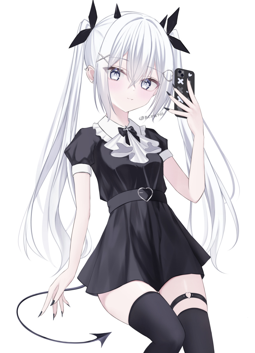 1girl, absurdres, black_dress, black_nails, black_ribbon, black_thighhighs, cellphone, demon_girl