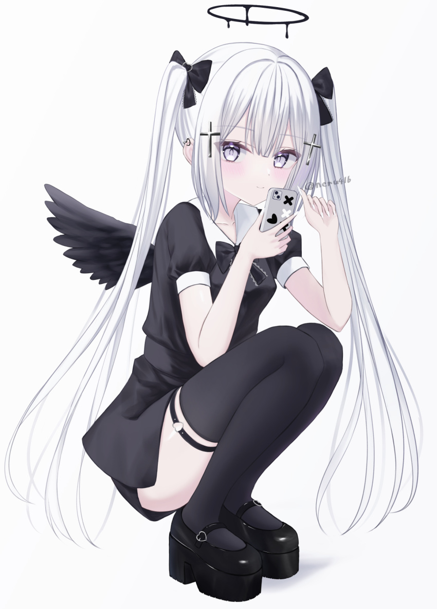 1girl, angel_wings, black_dress, black_footwear, black_ribbon, black_thighhighs, black_wings, cross_hair_ornament
