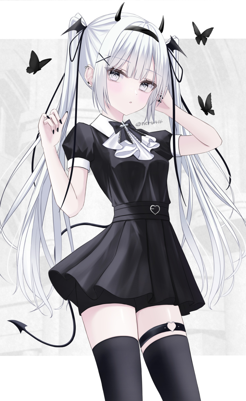 1girl, bat_hair_ornament, black_butterfly, black_nails, black_ribbon, black_serafuku, black_thighhighs, bug