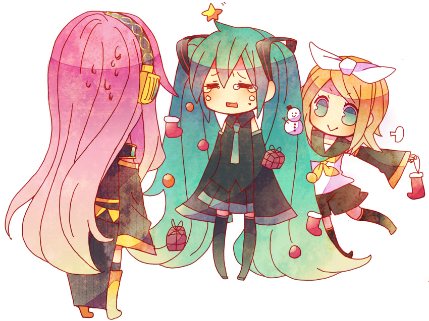 christmas_tree, hatsune_miku, headphones, kagamine_rin, megurine_luka, multiple_girls, niwako, snowman