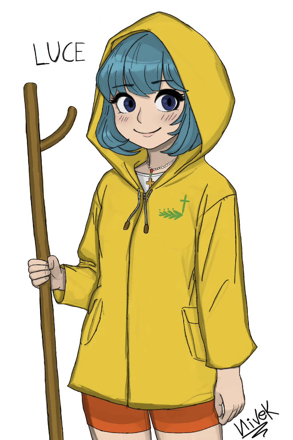 1girl, artist_name, bead_necklace, beads, blue_eyes, blue_hair, blush, bob_cut