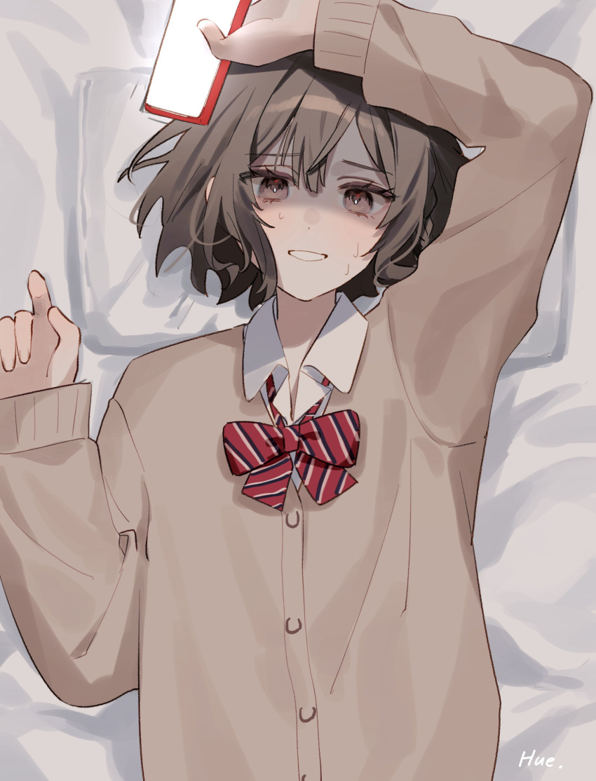 1girl, absurdres, arm_up, artist_name, bed_sheet, bow, bowtie, braid