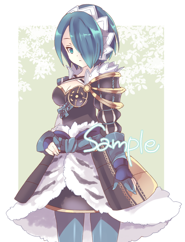 1girl, blue_eyes, blue_hair, breasts, commission, fire_emblem, fire_emblem_fates, gloves, hair_over_one_eye, japanese_clothes, looking_at_viewer, medium_breasts, setsuna_(fire_emblem), short_hair, skeb_commission, solo, suikaoishisugi