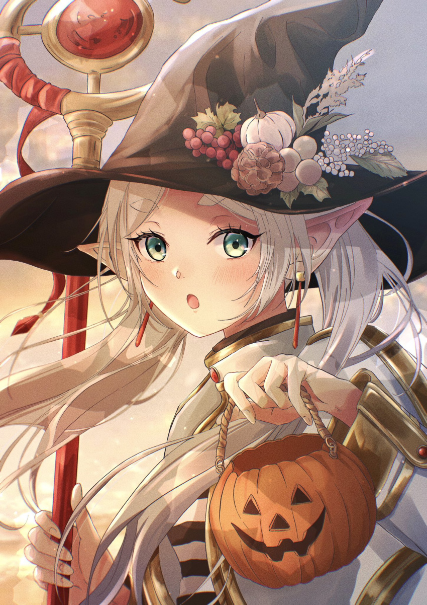 1girl, :o, black_hat, blush, capelet, commentary, conifer, earrings