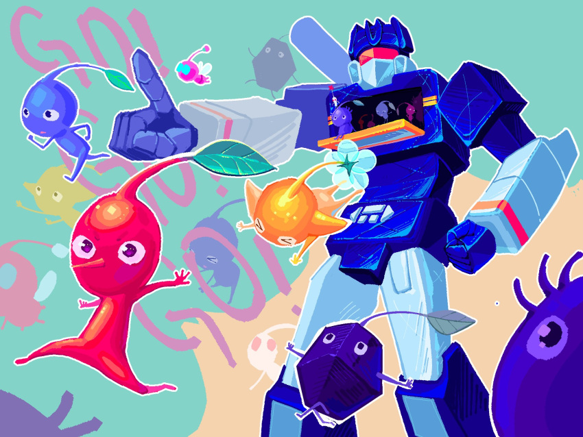 1boy, blue_pikmin, crossover, decepticon, flower, highres, mecha, no_humans
