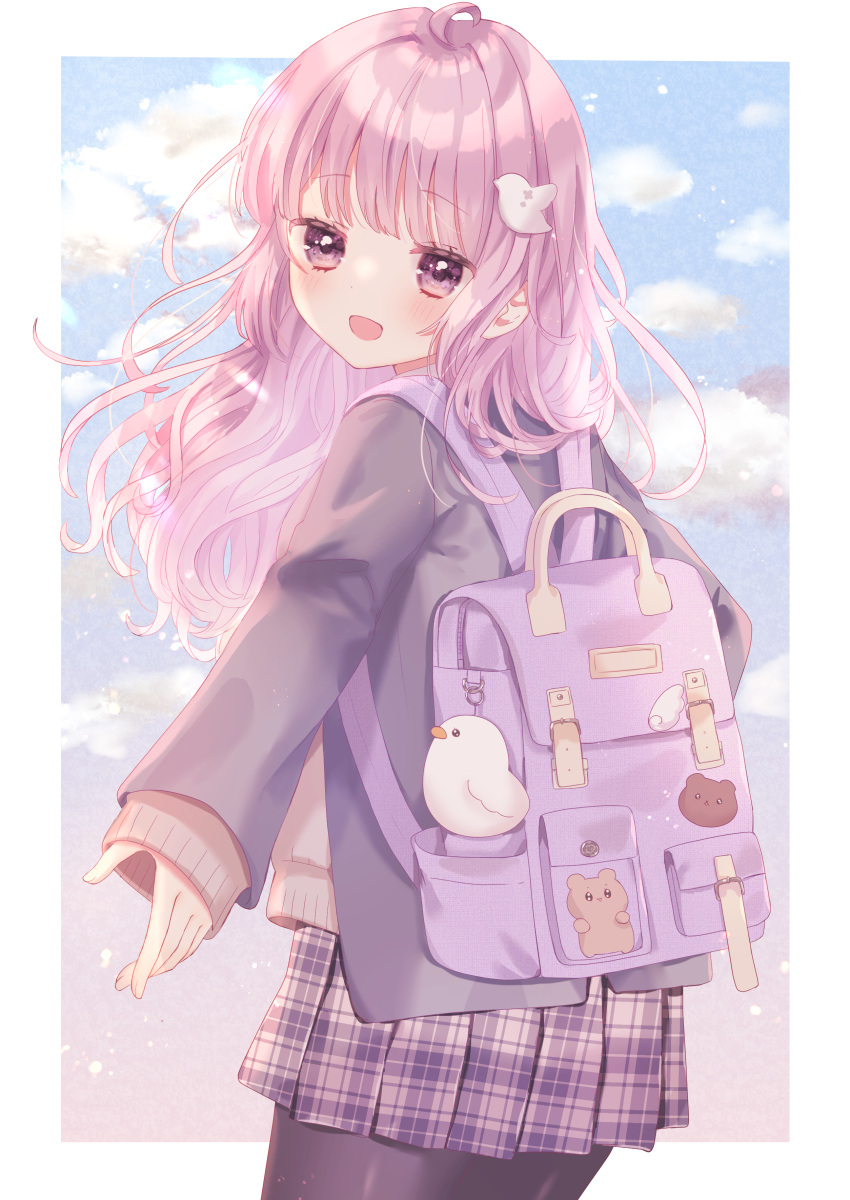1girl, :d, absurdres, azarashi6, backpack, bag, bird_hair_ornament, black_jacket