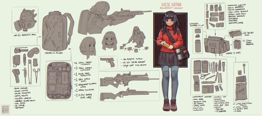 1girl, absurdres, backpack, bag, black_hair, boxcutter, equipment, equipment_layout