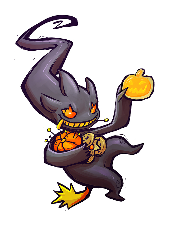 banette, black_eyes, colored_sclera, cookie, food, full_body, grin, halloween