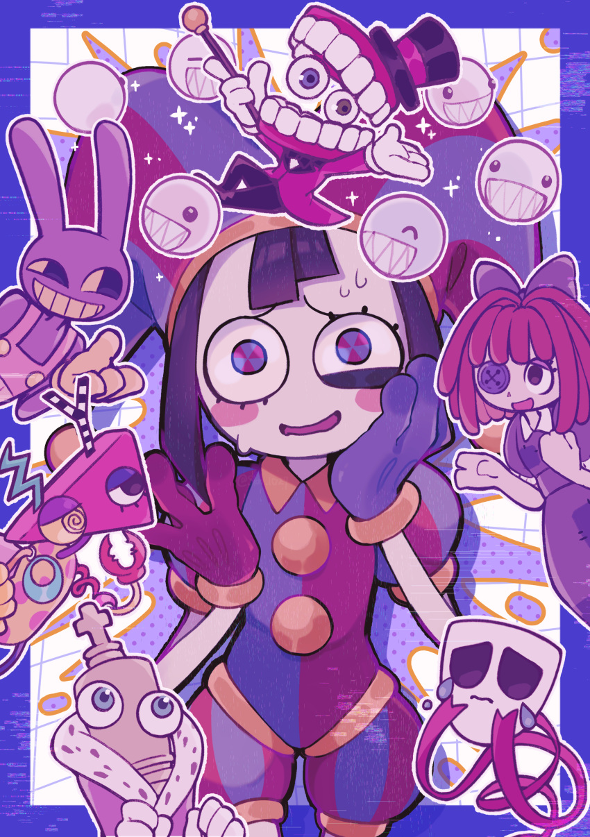1other, 3boys, 3girls, absurdres, animal_ears, asymmetrical_gloves, black_bow, black_bowtie