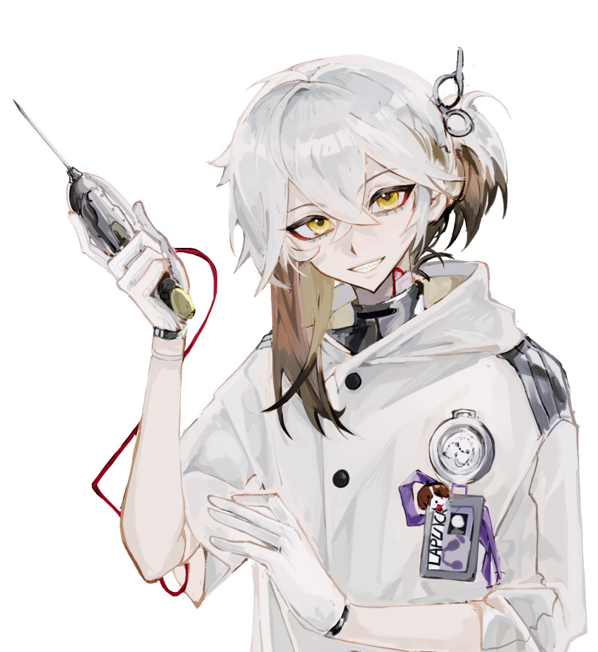 1other, absurdres, androgynous, brown_hair, coat, colored_tips, gloves, grin
