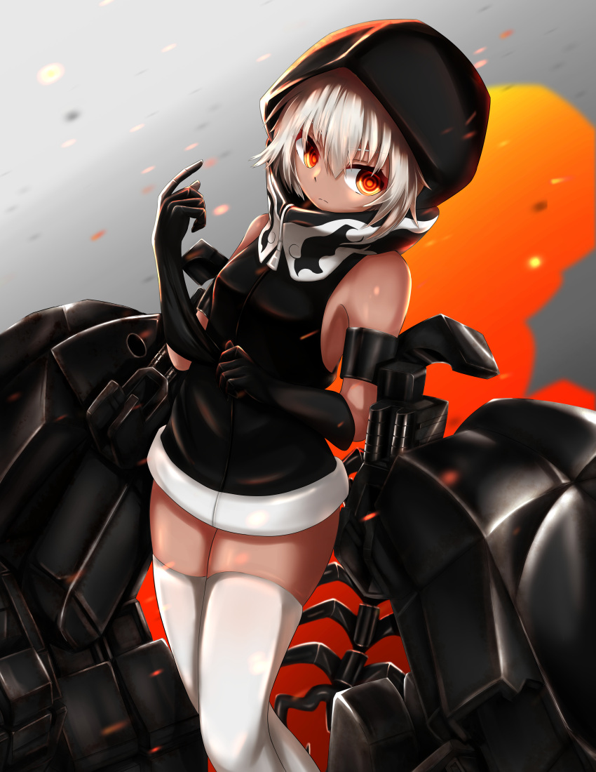 1girl, absurdres, black_gloves, black_hoodie, black_rock_shooter, dark-skinned_female, dark_skin, demon_tail