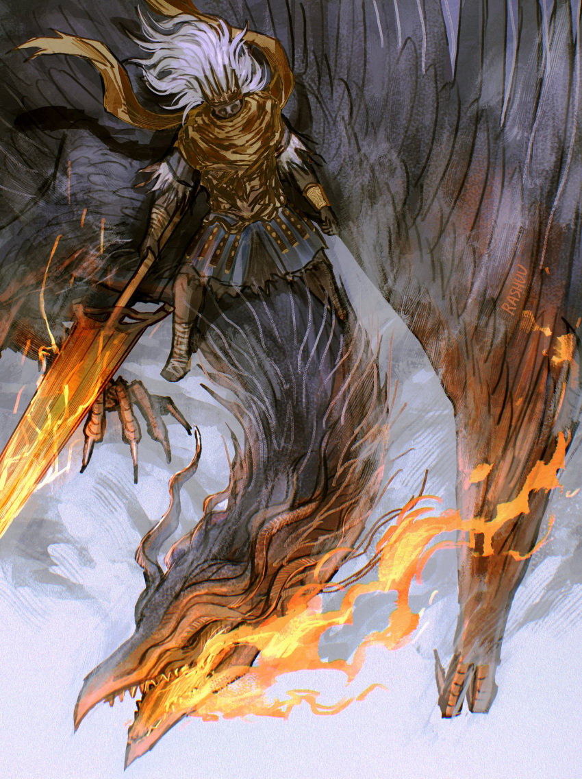 1boy, big_hair, commentary, crown, dark_souls_(series), dark_souls_iii, dragon, electricity