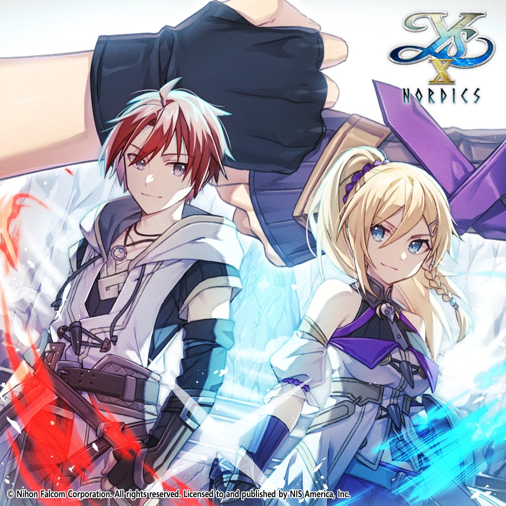 1boy, 1girl, adol_christin, aura, black_gloves, blonde_hair, blue_eyes, breasts