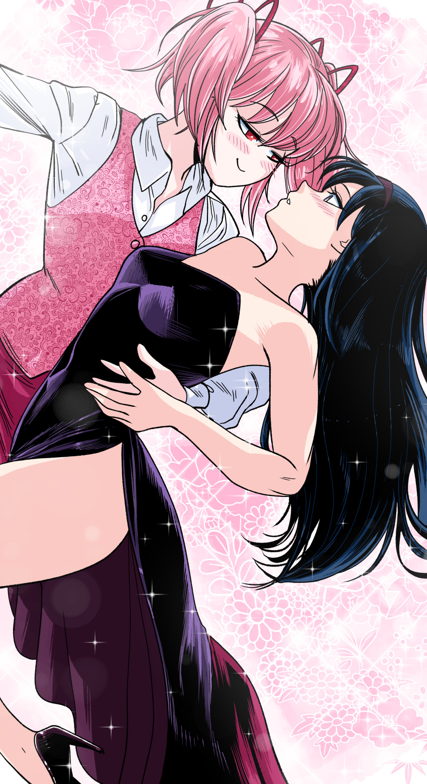 2girls, absurdres, akemi_homura, black_dress, blush, dancing, dress, grs-, highres, kaname_madoka, mahou_shoujo_madoka_magica, multiple_girls, non-web_source, vest, waistcoat, yuri