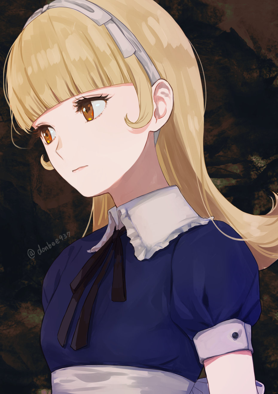 1girl, alice_(megami_tensei), artist_name, black_ribbon, blonde_hair, blunt_bangs, breasts, brown_background