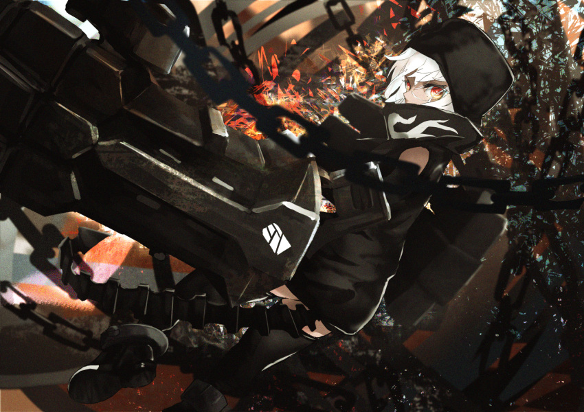 1girl, black_footwear, black_hoodie, black_rock_shooter, black_thighhighs, chain, dark-skinned_female, dark_skin, demon_tail, flame_print, hood, hoodie, mapo_nk, mechanical_arms, orange_eyes, short_hair, solo, strength_(black_rock_shooter), tail, thigh-highs, white_hair