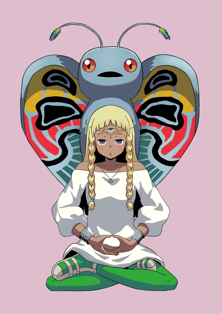 1girl, absurdres, antennae, arched_bangs, atlus, bare_shoulders, blonde_hair, blue_fur