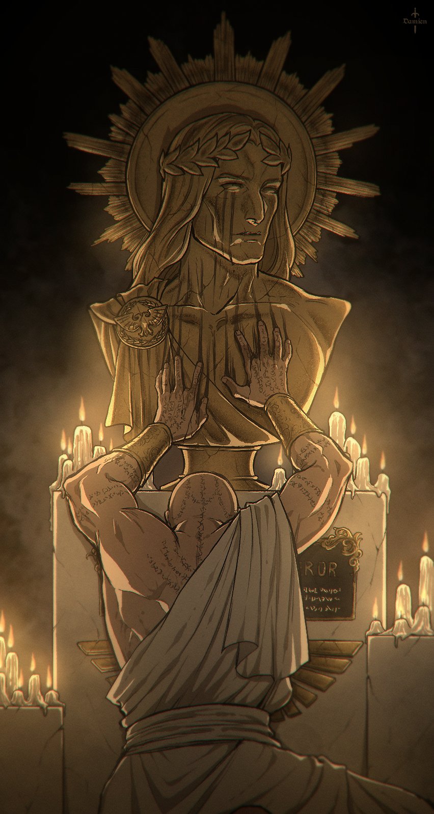 1boy, arm_tattoo, artist_logo, artist_name, back_tattoo, bald, candle, commentary, damien_v_grimm, emperor_of_mankind, english_commentary, gold_bracer, hand_tattoo, highres, kneeling, laurel_crown, laurels, logo, long_hair, lorgar_aurelian, robe, statue, tattoo, warhammer_40k, white_robe, worship