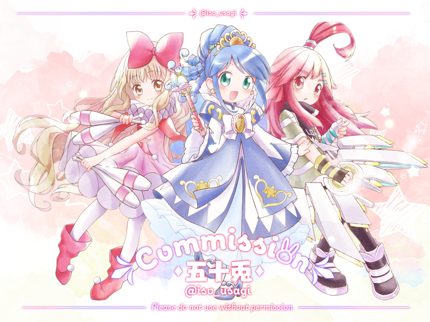 3girls, abby_(aotu_world), ahoge, aotu_world, aqua_gloves, artist_name, asymmetrical_gloves, black_footwear
