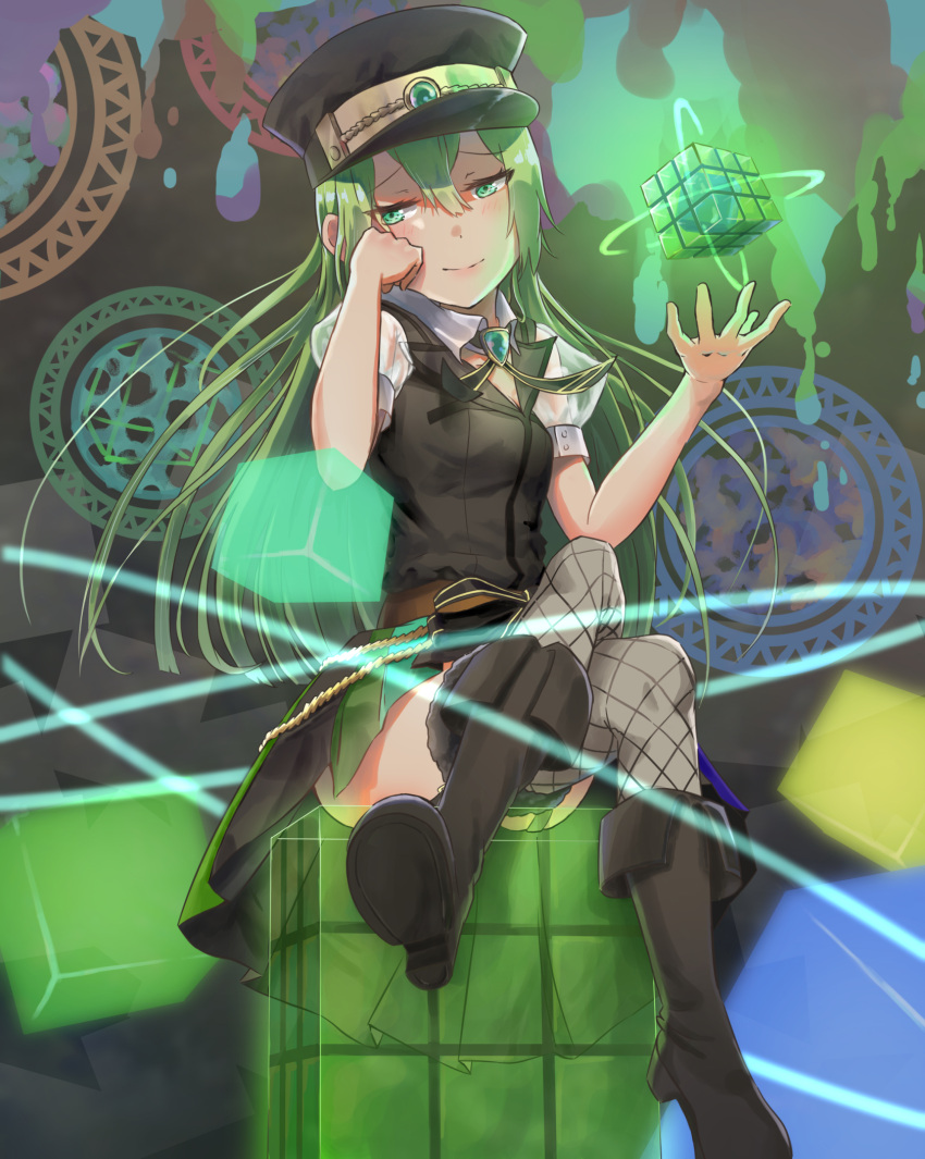 1girl, alina_gray, black_vest, boots, commentary_request, cube, fishnet_socks, fishnets