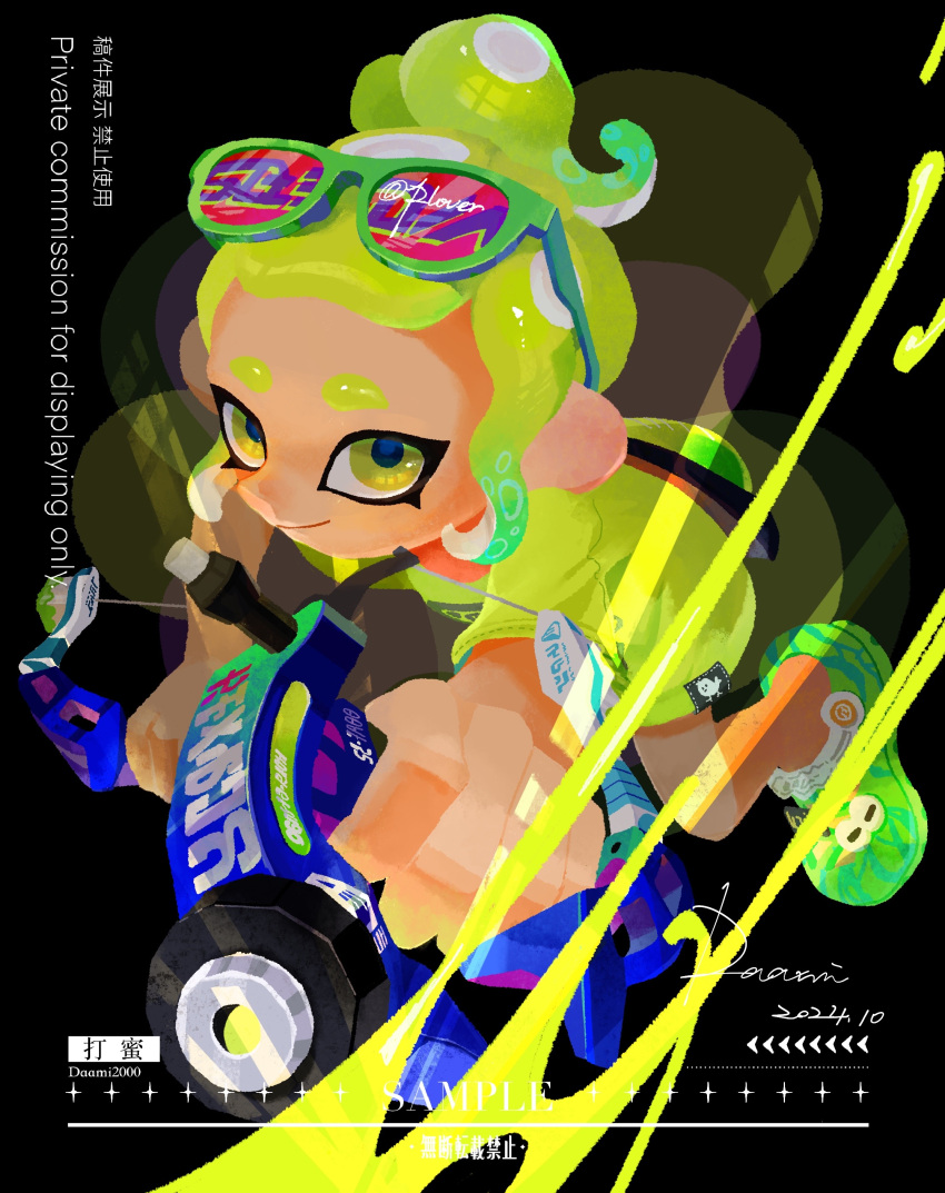 1girl, absurdres, closed_mouth, commentary, daami_(daami2000), dapple_dualies_(splatoon), dated, dual_wielding